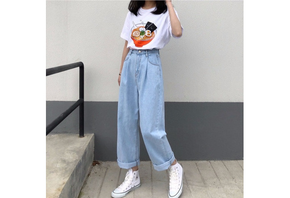 Jeans Elastic Waist Ankle-length Straight Korean Style Loose