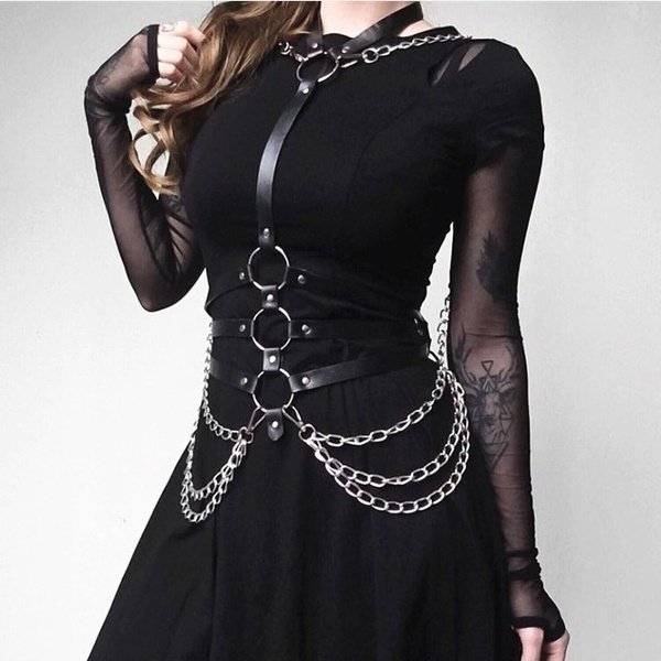 Women Punk Binding Harness Faux Leather Waist Belt Metal Chain Straps  Gothic Fashion
