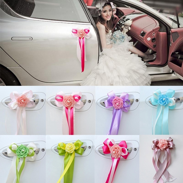 Wedding Car Decoration Silk Flower Ribbon Bow Door Handles Rearview Mirror Decor 