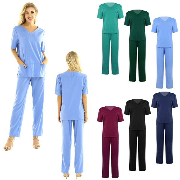 Unisex Adults Medical Sets Nursing Womens Scrubs Costume Uniform Top Long  Pants