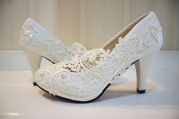 Lace Ivory White High heel platform comfortable bride wedding shoes