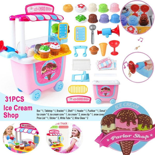 Cute Kids Simulation Ice Cream Shop Dresser Cart Preschool Toys Pretend Play 