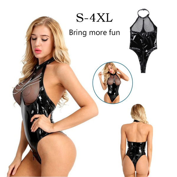 Erotic PU Leather Zipper Dress For Women Sexy Lingerie Costume