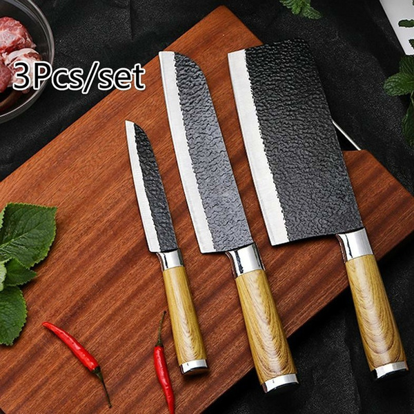 3Pcs Professional Chinese Chef Chopping Kitchen Knife Stainless Steel  Kitchen Knife Set with Wooden Handle Hammer Forged Kitchen Knife Set  Kitchen Knife Slice Knife Meat Knife Kitchen Knife Fruit Knife Household  Knife