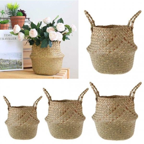Foldable Seagrass Belly Basket Flower Plant Pot Storage Laundry Bag Garden Decor 