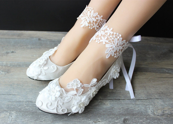 Ankle wrap around Lace Ivory White 1cm Flat Wedding Shoes