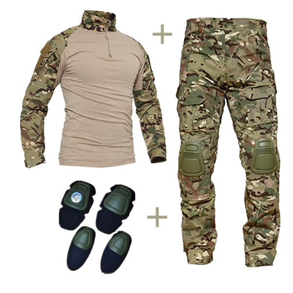 Men Tactical Combat Uniform Sets Camo Army Shirt Pants Military Elbow Knee Pads 