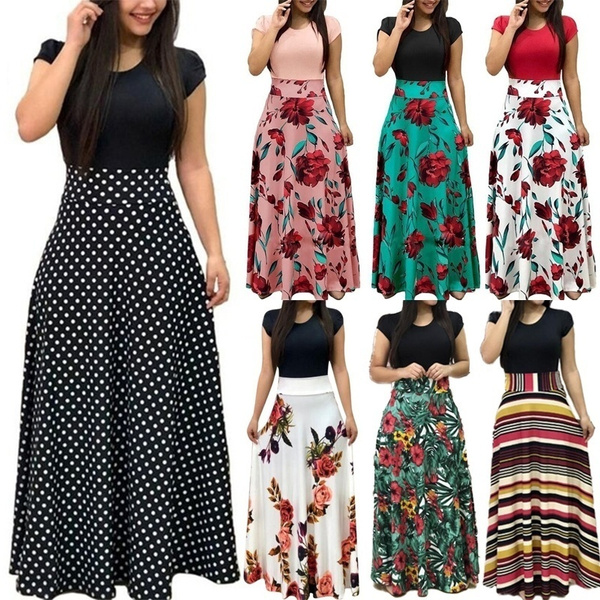 Casual Fashion Ladies Dress Short-sleeved High Waist Flower Print Color ...