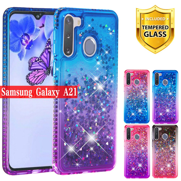 Samsung Galaxy A21 Case Glitter Liquid Quicksand Sparkle Diamond Cute Shock Absorption Clear Protective Phone Case Cover for Samsung Galaxy A21