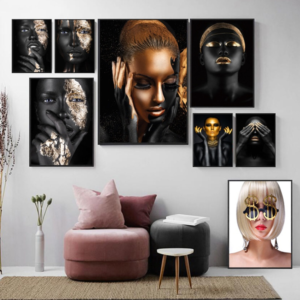 Black Gold Art Woman Oil Painting On Canvas Cuadros Posters And Prints 