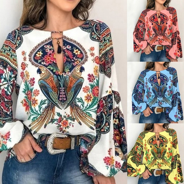 S 5XL Women Bohemian Clothing Plus Size Blouse Shirt Vintage Floral Print Tops Blouses Casual Blusa Feminina Plus Size