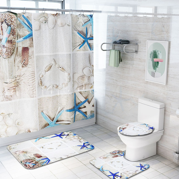 US Ocean Starfish Shower Curtain Bathroom AntiSlip Rug Lid Toilet Cover Bath Mat 