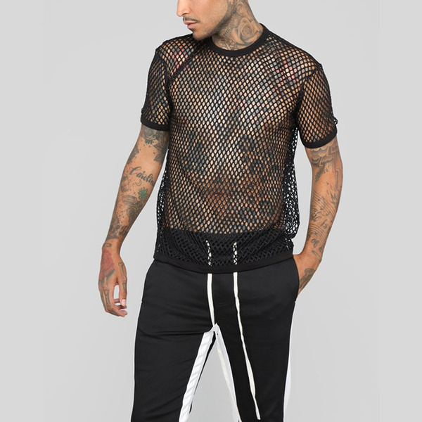 Men Sexy Mesh See Through T-shirt Fishnet Tops Short Sleeve Plus