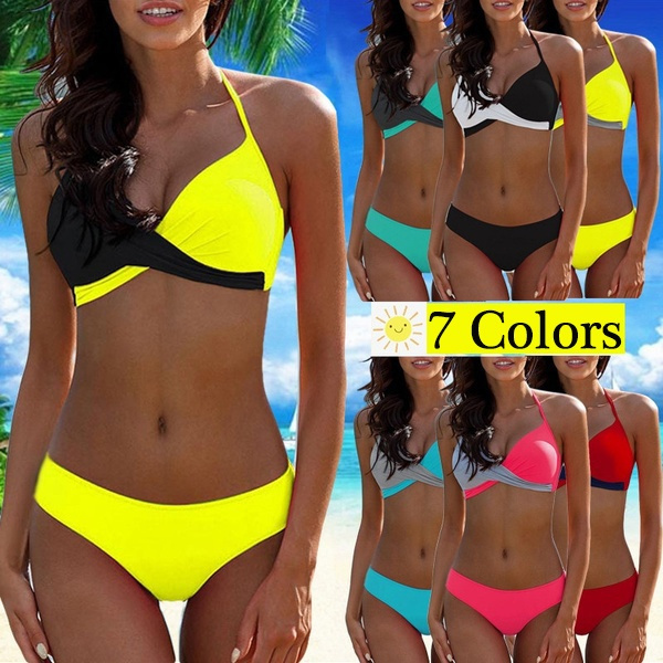 7 Colors Women Push Up Padded Bra Bikini Set Fahion Colorblock