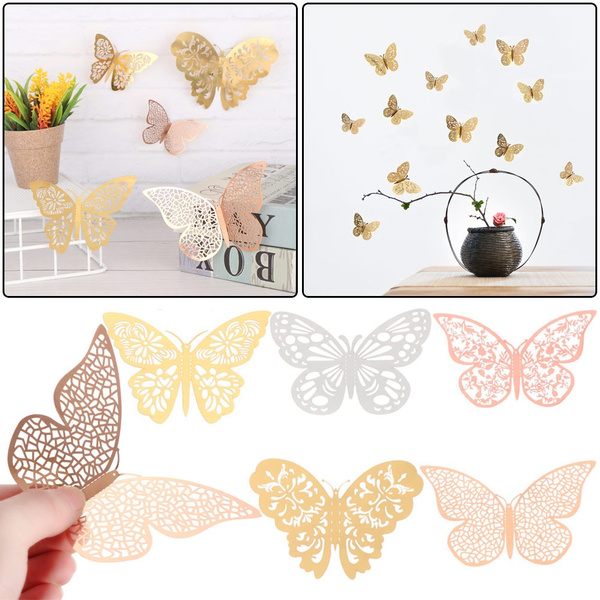 Download 12pcs Set Gold Silver Metal 3d Butterfly Stickers Diy Wedding Ornament Gold Silver Party Supplies Wall Art Metal Texture Hollow Mariposas Decals Wish