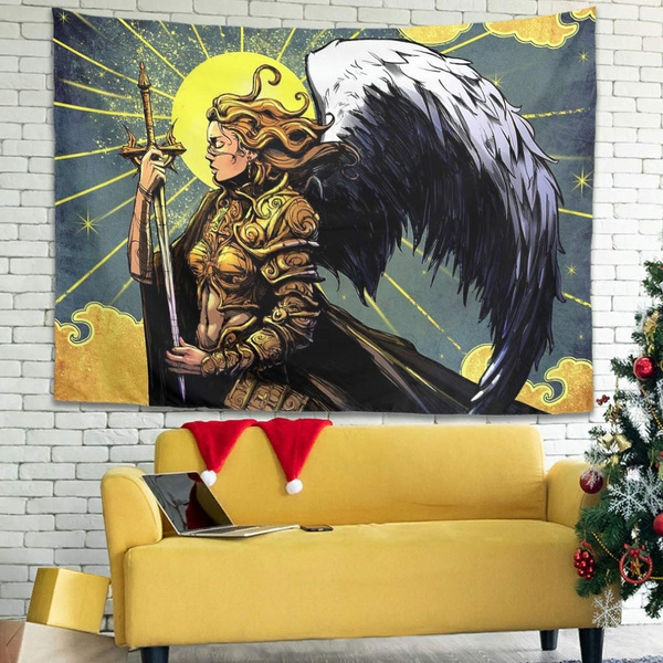 Vintage Norse Viking Valkyrie with Wings Warrior Golden Armor Sun Painting  Wall Hanging Tapestry Ethnic Wall Tapestry Indian Wall Hanging Room Decor  59x59 inch Wall Art