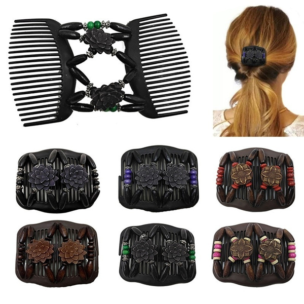 Women Ladies Hair Clip Magic Comb Stretch Easy Double Clips Beads Hairpins  Combs | Double-row Insert Comb Hair Iron Hair Combs Magic Wooden Beads  Double Hair Comb Clip Stretchy Hair Clips For