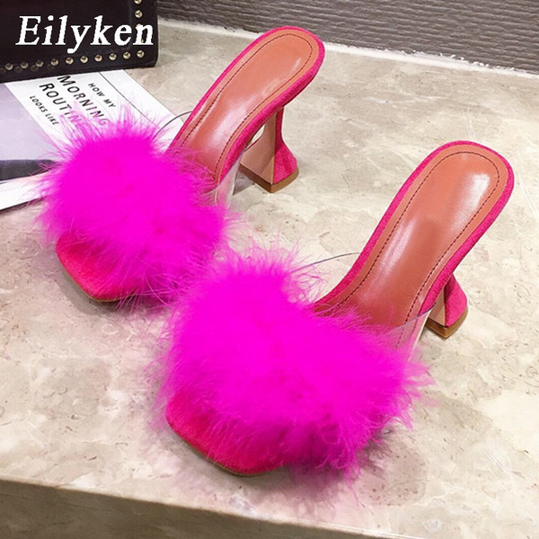 fluffy mule slippers with heel