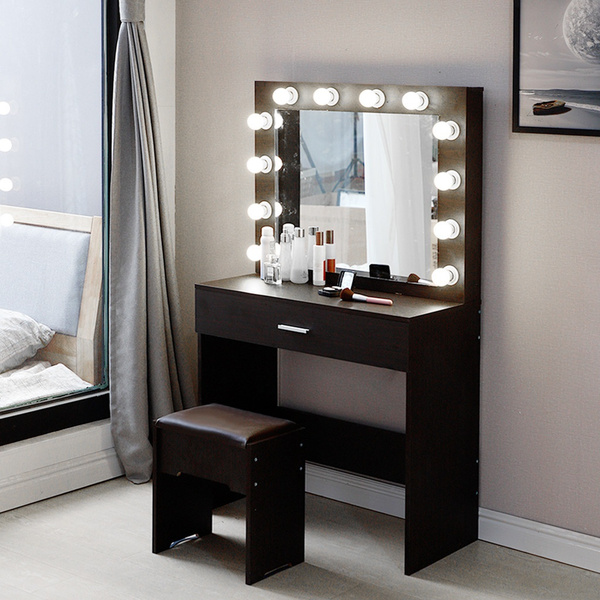 Vanity Set With 12 LED Lighted Mirror And Drawer Stool Makeup Dressing Table Set 