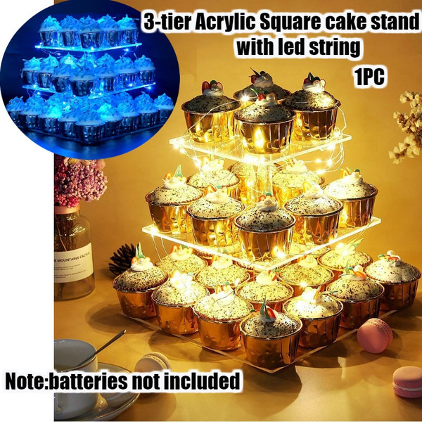 4 Tier Square Acrylic Cupcake Wedding Party Tree Tower Stand With String Lights 