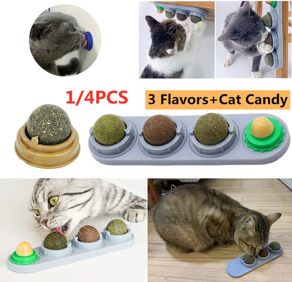 Catnip Wall Lick Treats Toys for Edible Wall Ball Qune Catnip Balls Cat Snack Toys,Rotatable Catnip Ball Cat Candy 4 in 1 Self-Adhesive Edible Catnip Toys 
