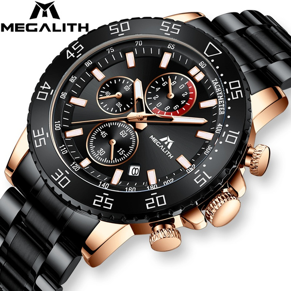 MEGALITH Mens Watches Black Stainless Steel Sports Chronograph Watch Fashion Luxury Date Calendar Waterproof Quartz Wrist Watch Business Casual Watch