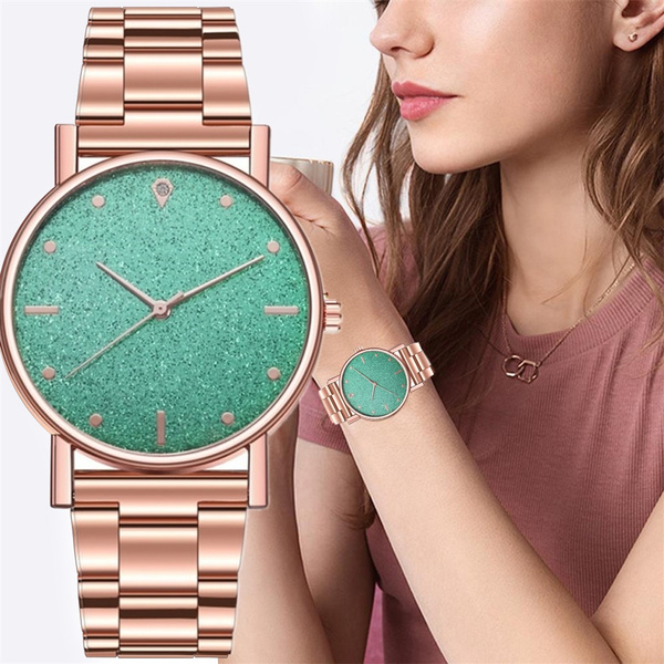 New Women Green Quartz Watch Stainless Steel Dial Casual Rose Gold