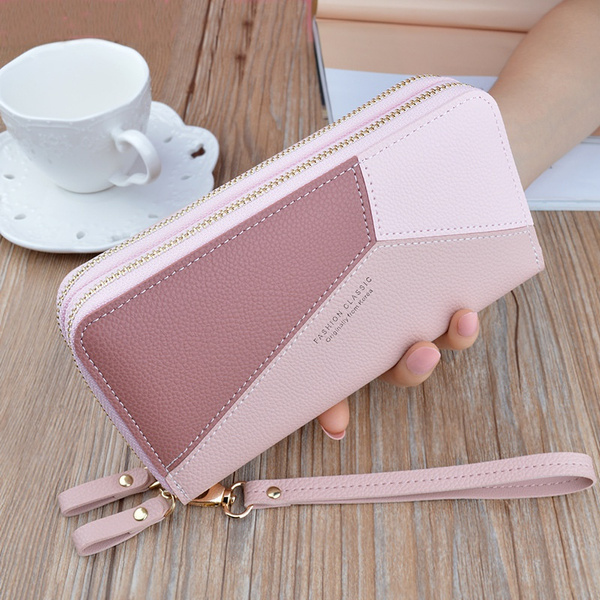 Geometric Women Clutch Pink Wallets Phone Pocket Double Zipper