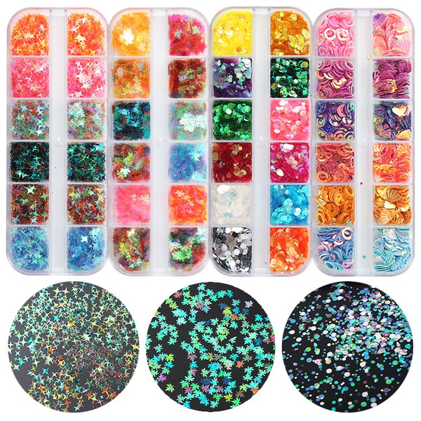 12 Grids Set Mixed Color Holographic Nail Sticker 3d Sequins Star Maple Leaf Round Flake Nail Glitter Colorful Confetti Sticker Manicure Nail Art Supplies Make Up Diy Decals Decoration Perfect Gift Wish