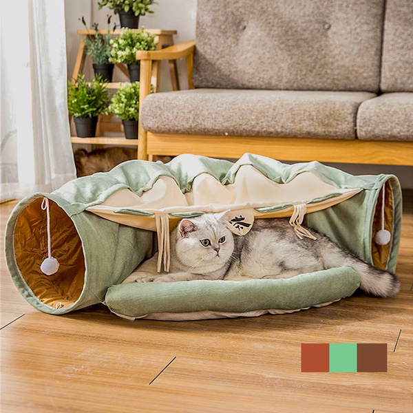 2 In1 Luxurious Funny Cat Tunnel Bed Collapsible Crinkle Pet Tent