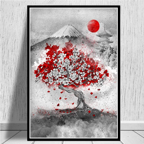 Japanese Style Landscape Wall Art Canvas Painting Watercolor