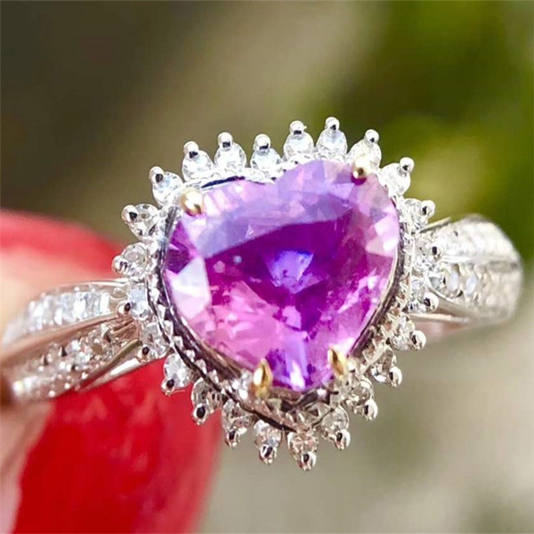 Elegant Amethyst Heart Sterling Silver Wedding Engagement Ring Set