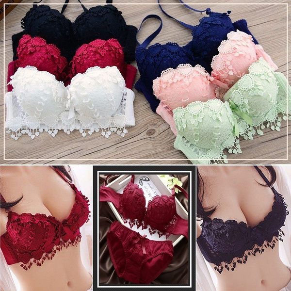 Women Push Up Bra Set Girl Floral Lace Underwear Set 70B 75B 80B 85B