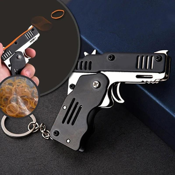 Rubber Band Gun Mini Metal Folding 6-Shot with Keychain-and Rubber Band 100+ 