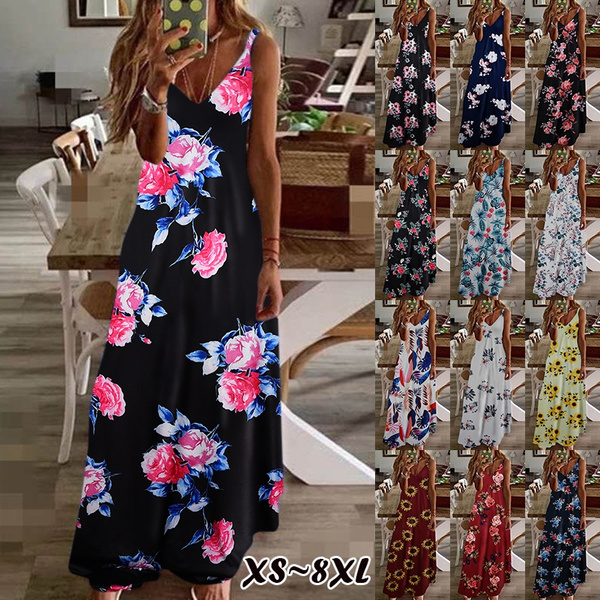 Womens Boho Maxi Dress Sleeveless Summer Floral Casual Loose Beach Dress with Plus Size