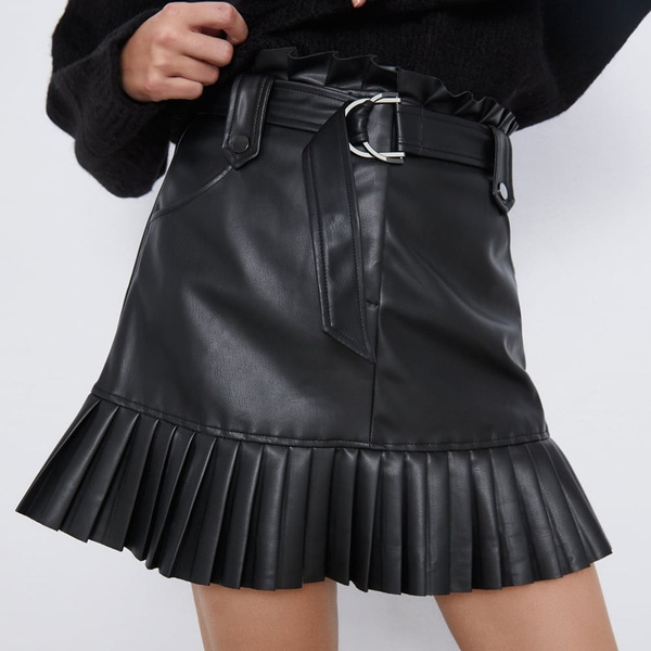 Black PU Skirts Women Fashion Faux Leather Skirt Women Elegant Tie