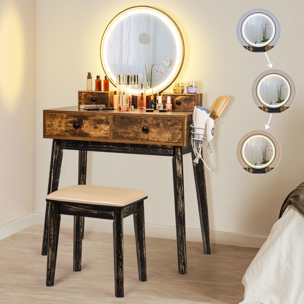 Vanity Set With Lighted Mirror 3 Color, Led Vanity Table Set With Lighted Touch Screen Mirror Cushioned Stool