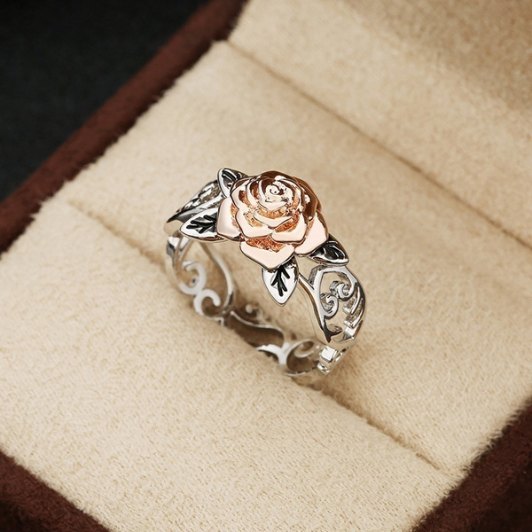 Exquisite Rose Gold Rose Floral Ring 925 Silver Flower Wedding Jewelry Size 5-10