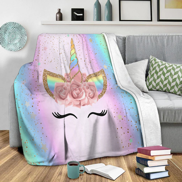 MOYYO Colorful Mane Unicorn with Beautiful Flowers Blanket Super Soft Crystal Velvet Plush Throw Blanket Warm Lightweight Microfiber Blanket for Couch Bed Travel Kids Adults 50 x 60inch 