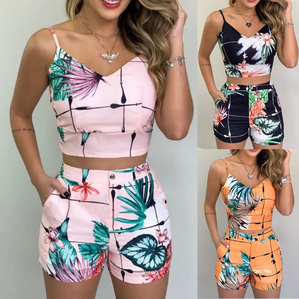Fashion Girls Summer Clothes Casual Crop Tops+Floral Pants