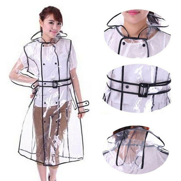 Transparent Vinyl Raincoat Runway Style Womens Girls Clear Fashion Rain Coat 