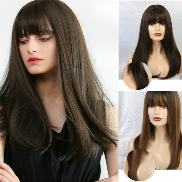 Long Human Hair Wig with Bangs Dark Brown Color Natural Headline Hair Wigs for Women