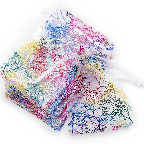 10Pcs Drawable Organza Bags Jewelry Wedding Party Gift Pouches Coral Pattern 
