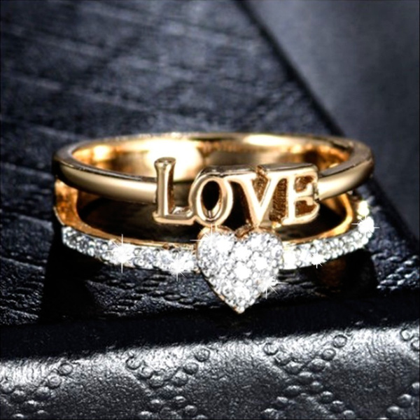 Veranderlijk Frons wees stil New 14k Gold-plated Fashion Romantic LOVE Heart Double Ring Ladies Wedding  Diamond Ring Wedding Anniversary Gift | Wish