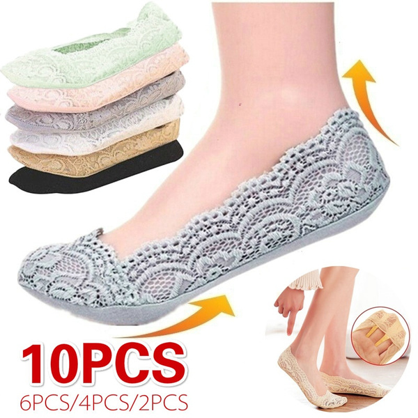10/6/4/2pcs Fashion Women Lace Boat Socks Girls Cotton Invisible Anti-slip  Ankle Socks Cute Lace Socks 6 Color