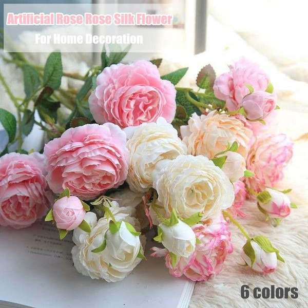 Roses Artificial Peony Fake Silk Flowers White Bridal Wedding Bouquet Home Decor