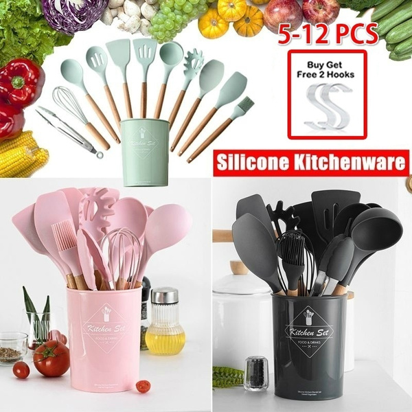 12PCS Wooden Handle Pasta Colander Soup Spoon Brush Silicone