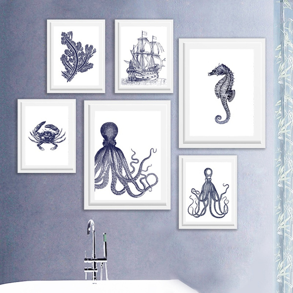 Hampton Style Decor Octopus Nautical Vintage Posters And Prints Rustic Bathroom Decor Kraken Octopus Sea Horse Wall Art Canvas Painting Navy Indigo Blue Pictures No Framed Wish