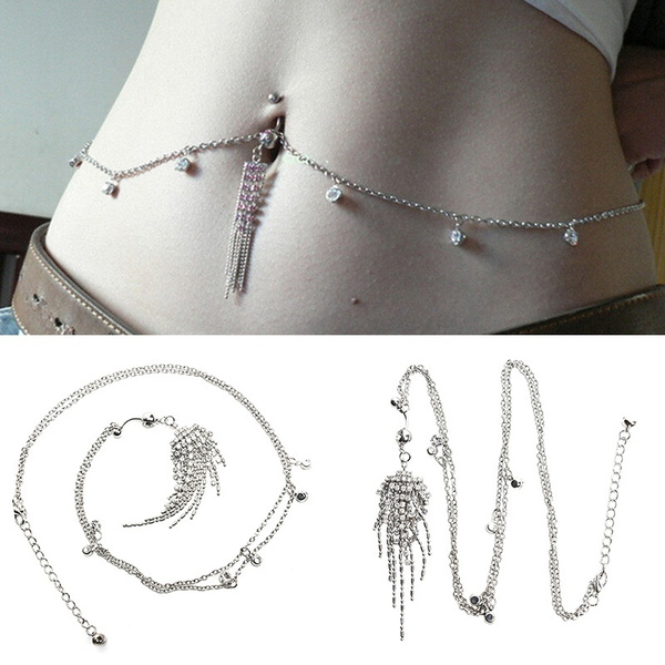 14G Crystal Tassel Navel Belly Button Ring With Waist Chain Body Piercing VvV