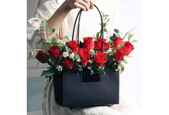 5PCS Flowers Carry Bag Kraft Paper Bags Rectangular Flower Box With Handle  Waterproof PVC Bouquet Florist Rose Party Decoration Boxes black